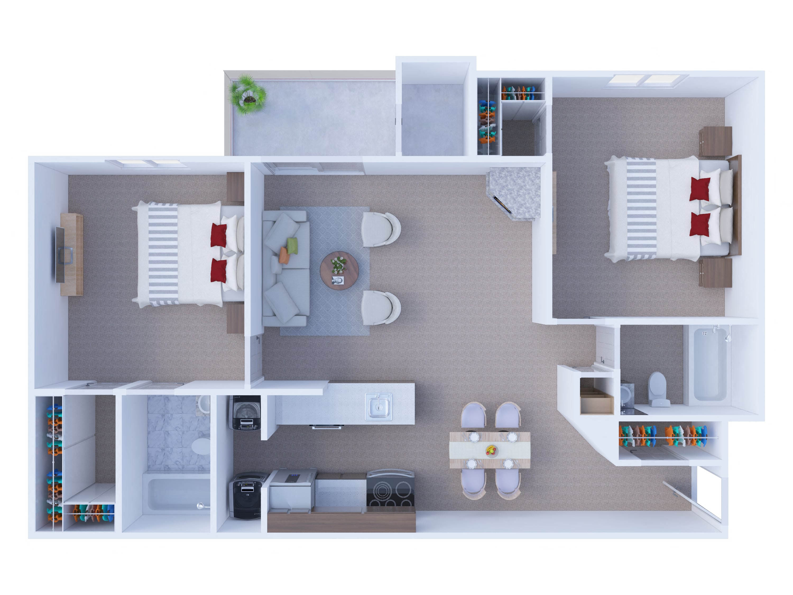 Floor plan for 2 beds, 2 baths, 1052 sqft